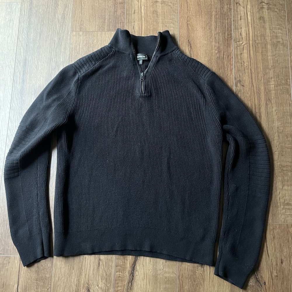 Express Men's Sweater Black Cotton Quiet Luxury 1/4 Zip Sz L Thick Ribbed Preppy